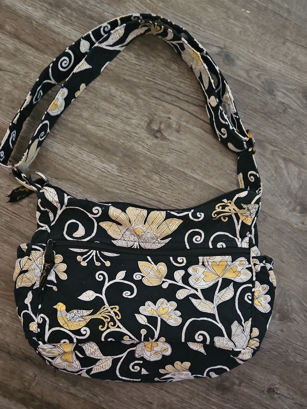 Black Floral Quilted Crossbody Bag with Yellow Accents